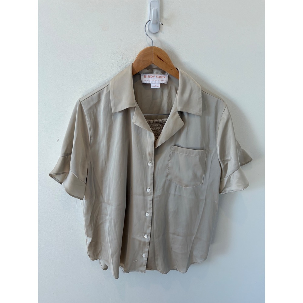 Birdy Grey Champagne Satin Ruffle Pajama Set Button Down Top & Shorts Medium